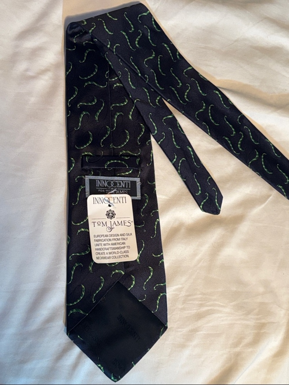 Tom James x Innocenti Black Silk Tie with Green Paisley Motif